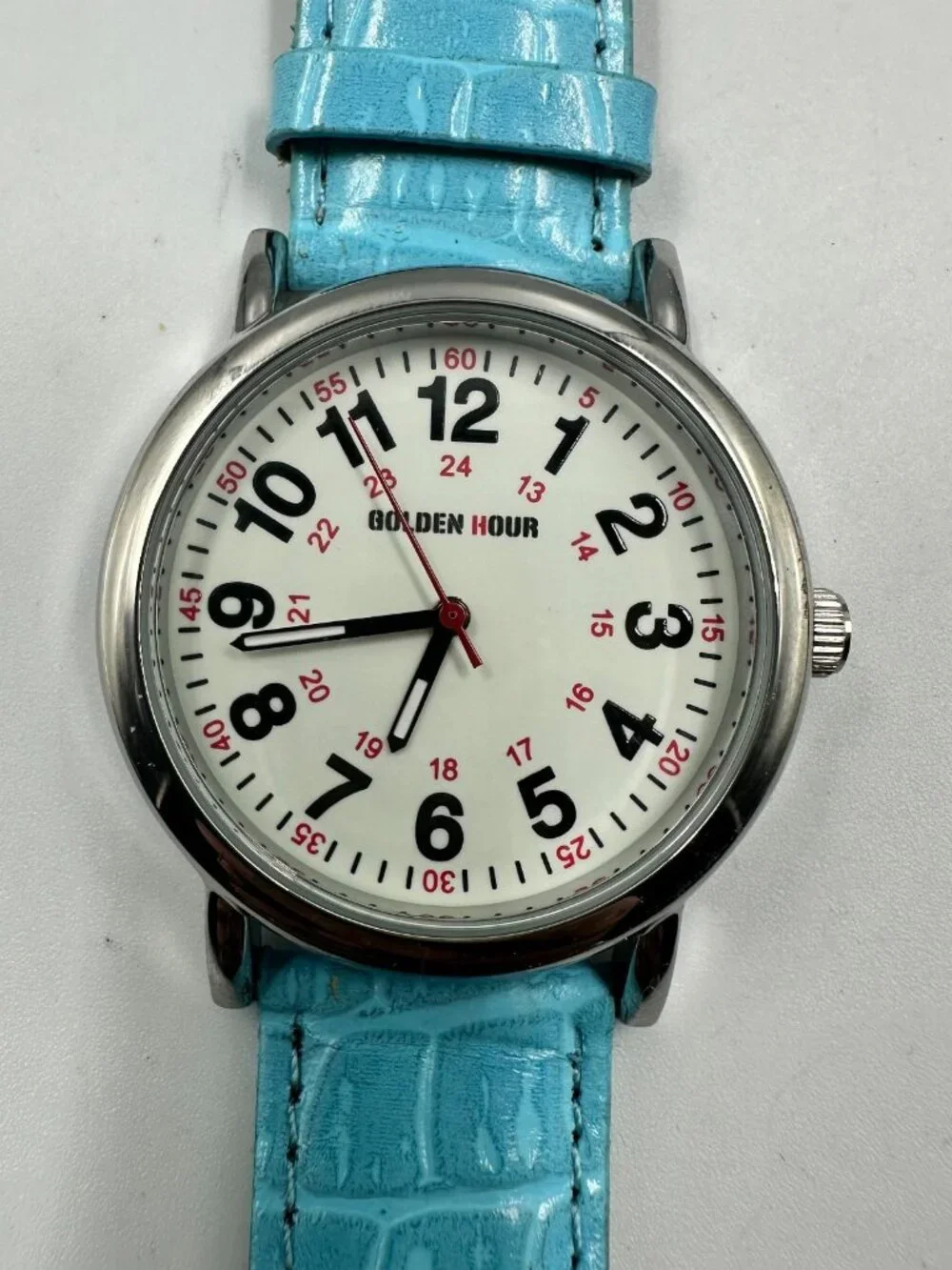 Golden Hour Watch Women Silver Tone Round Dial Blue Leather Band New Battery 9
